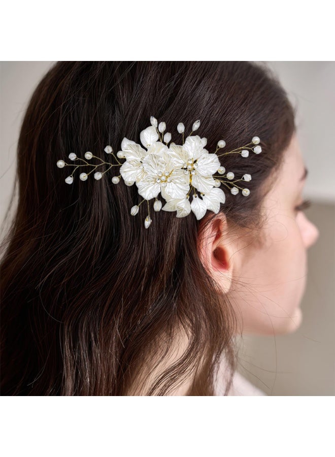 2Pcs Flower Wedding Hair Clips Bride Pearl Hair Barrettes White Floral Rhinestone Crystal Leaf Vine Headpiece Bridal Wedding Hair Accessories for Women Girls - Image 3